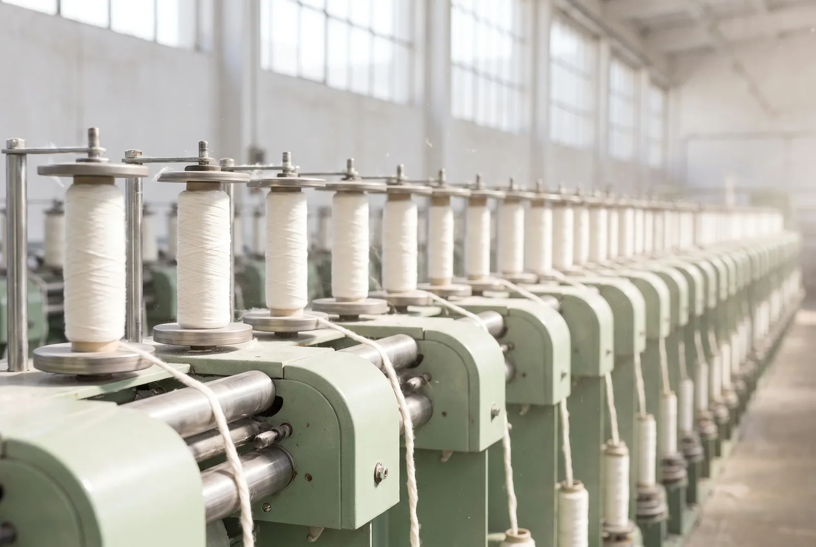 Rows of cotton thread spools on a spinning-frame factory line