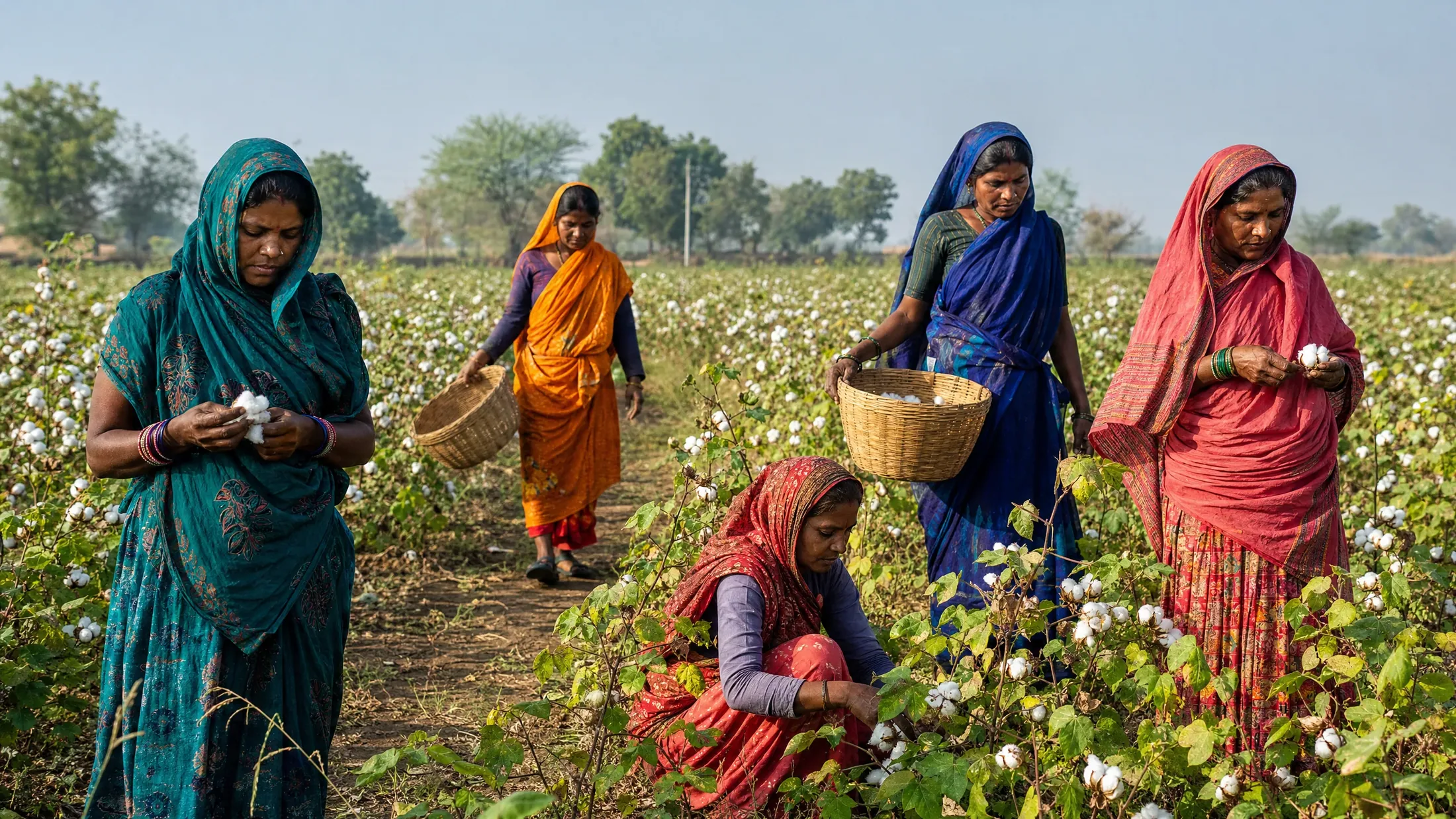 Cotton farmers harvesting by hand in a field