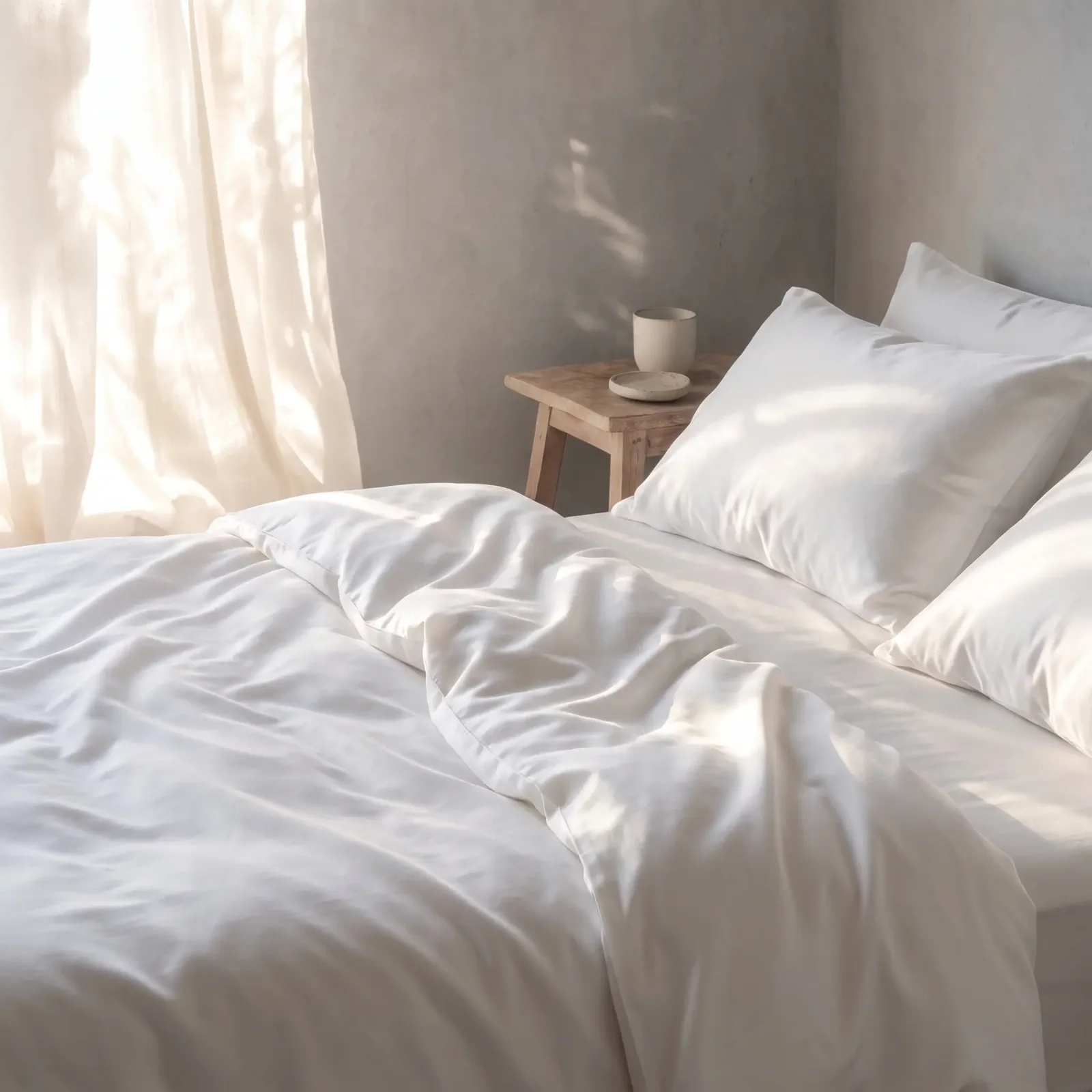Bed made up in white organic cotton bedding beside a sunlit linen curtain