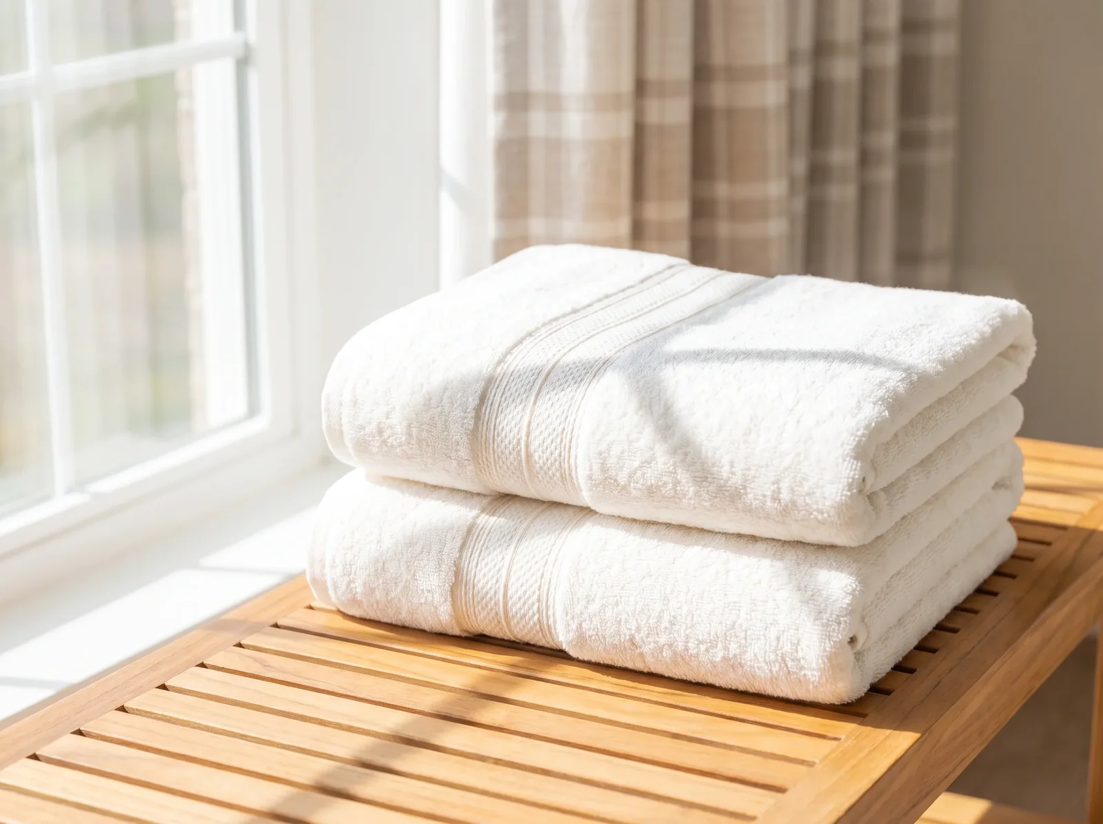 Folded white towels stacked on a wooden bench by a sunlit window